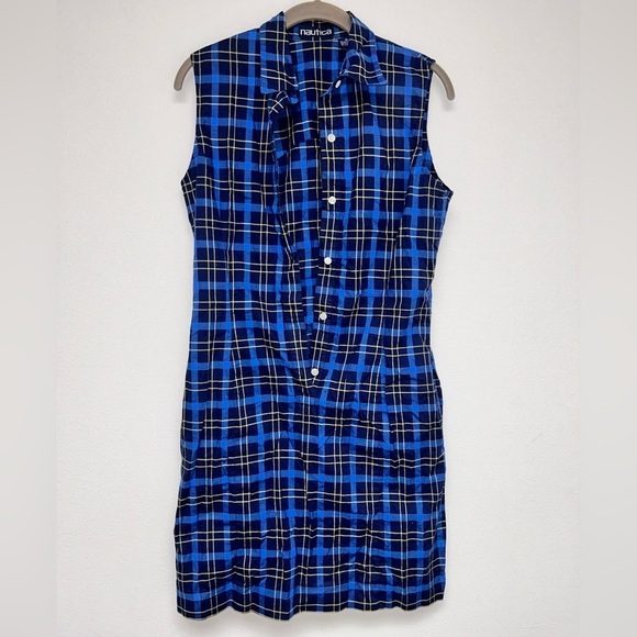 Nautica Dresses & Skirts - Nautica Blue Yellow Flannel Print Sleeveless Button Down Shirt Dress 10 NWOT​​